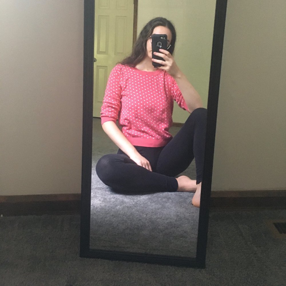 pink and white pok a dot sweater